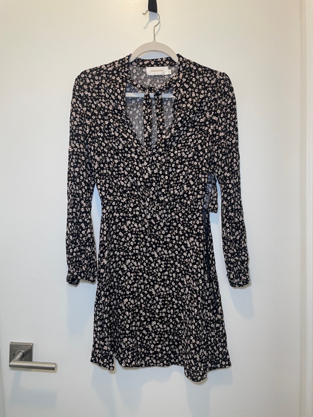 Zimmermann Black Long-Sleeve Floral Wrap Dress with White Print
